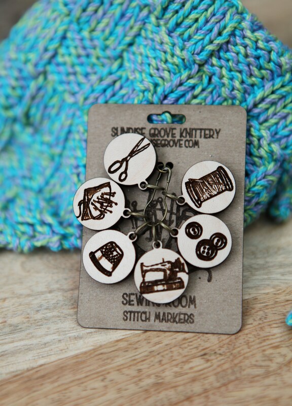 Knitting Stitch Markers - Maple- Set of 6 - Sewing Room includes thread,  machine, buttons, needle cushion, thimble and scissor icons